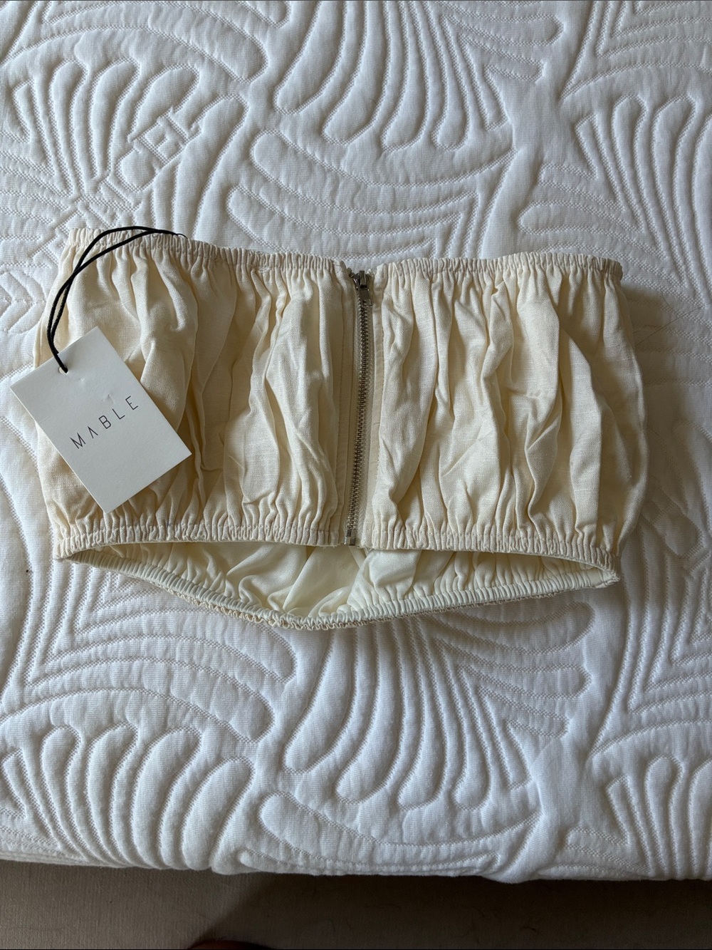 MABLE Cream Ruched Strapless Zip Crop Top